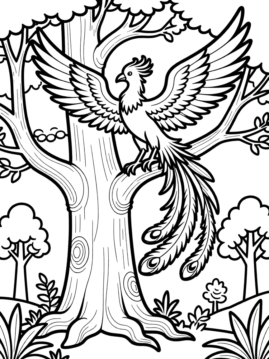 A phoenix nesting in the highest branches of the oldest tree in the forest