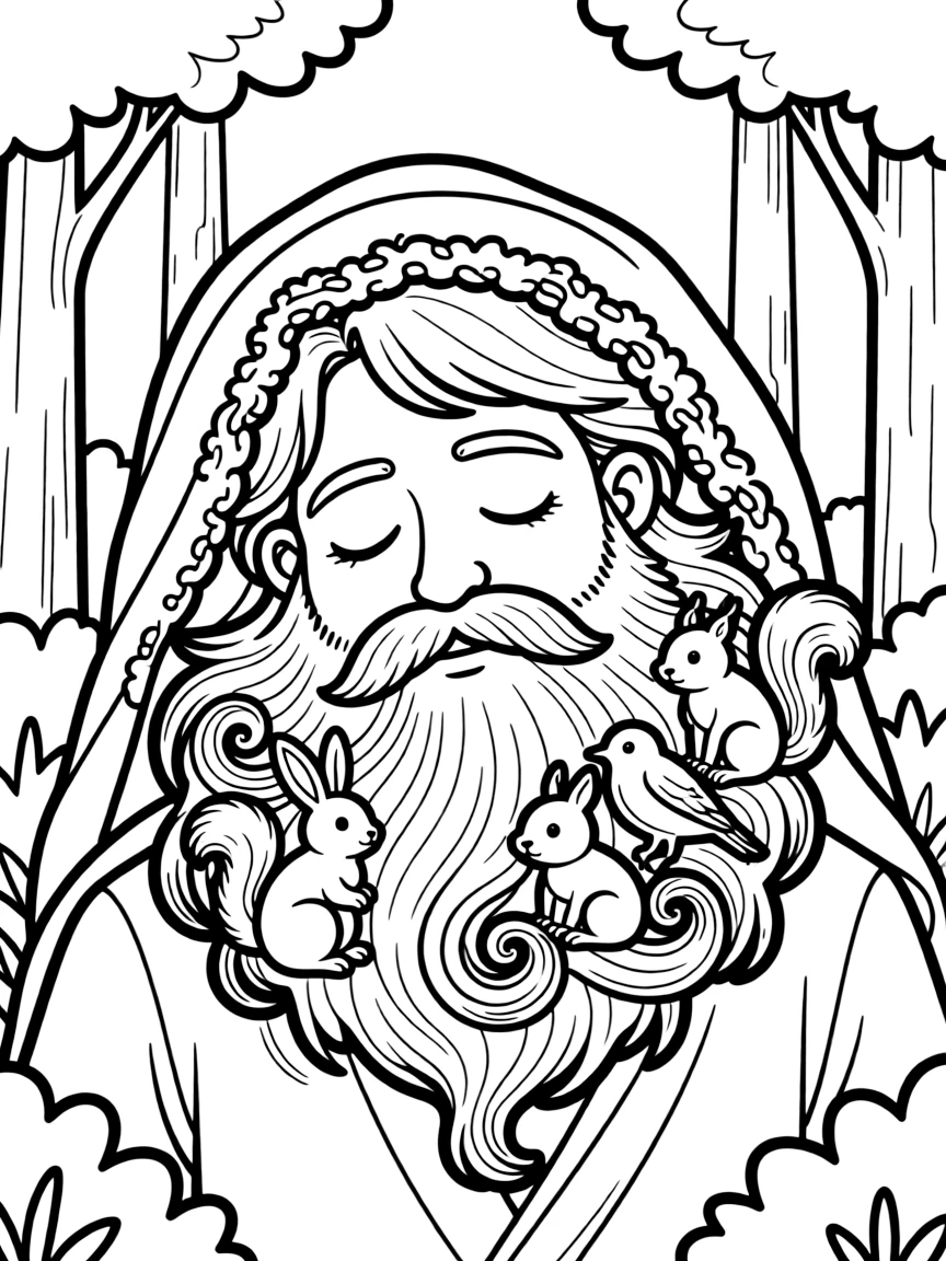 A gentle giant sleeping under a blanket of moss with forest animals nestled in his beard