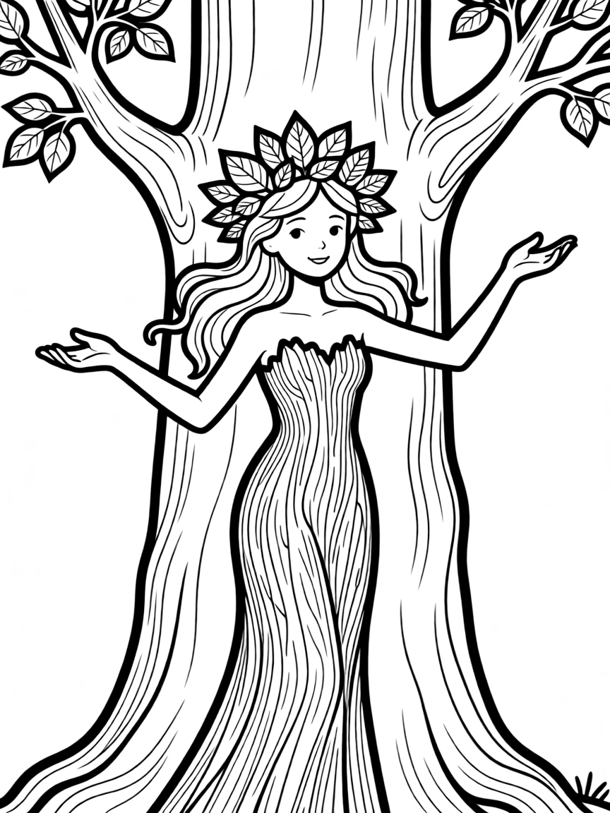 A dryad emerging from her tree, her hair made of leaves and bark forming her dress