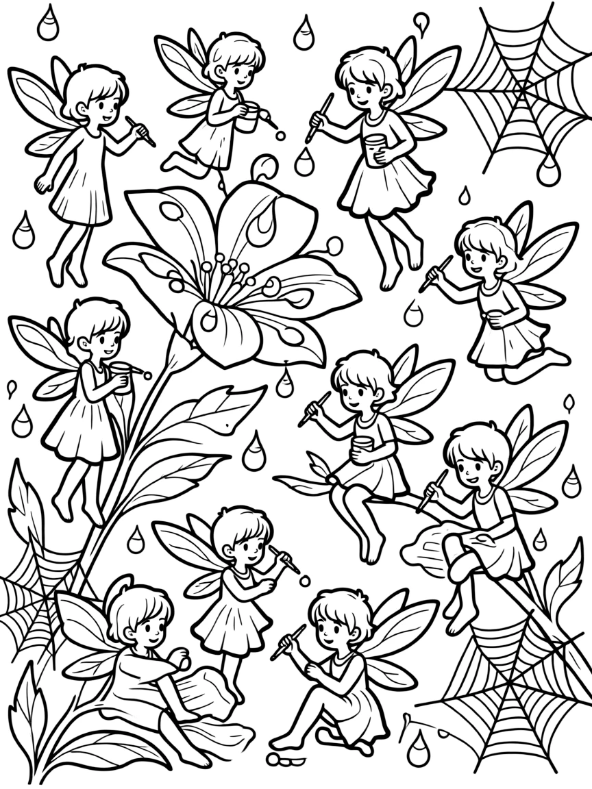 A group of pixies painting morning dew on flower petals and spider webs