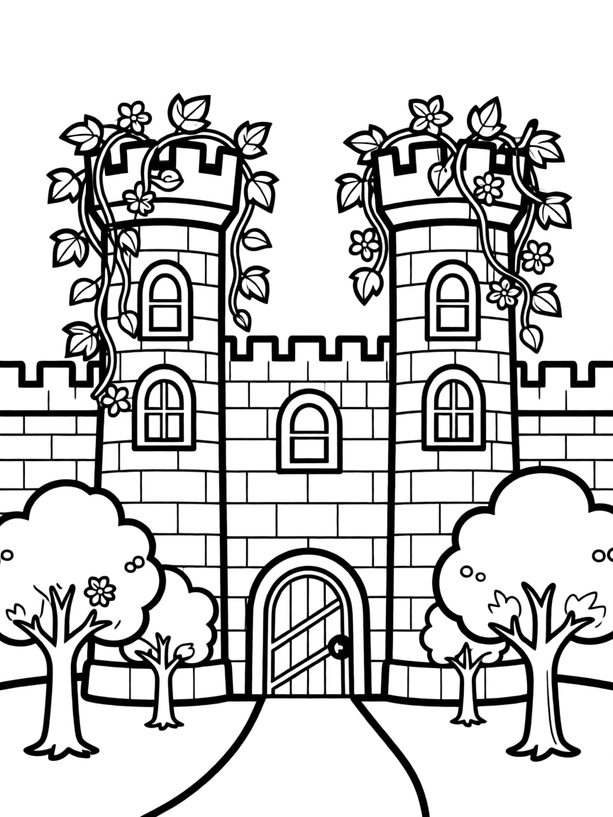 A castle with trees and vines growing from its towers, blending architecture with nature