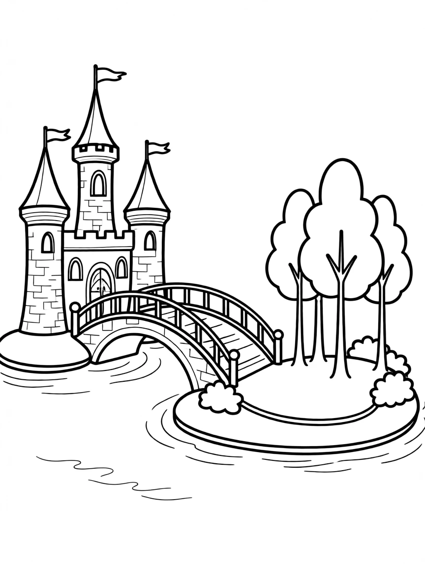 An enchanted bridge connecting a castle to a forest island in the middle of a misty lake