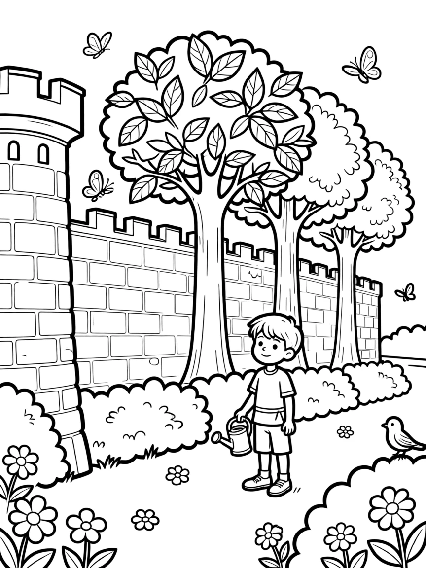 A royal garden where castle walls gradually transform into living trees and hedges