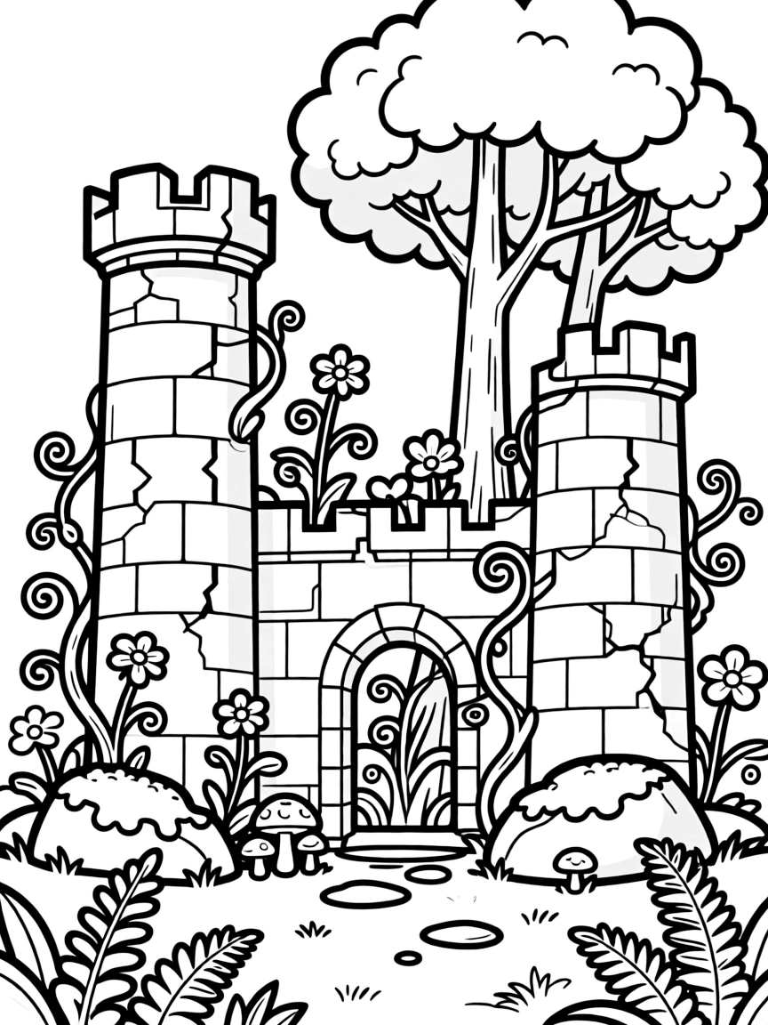 Castle ruins being reclaimed by the enchanted forest with magical plants growing through stone