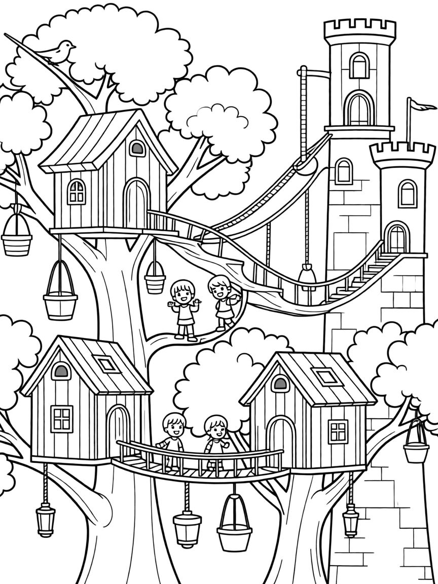 A treetop village connected to castle towers by rope bridges and pulley systems