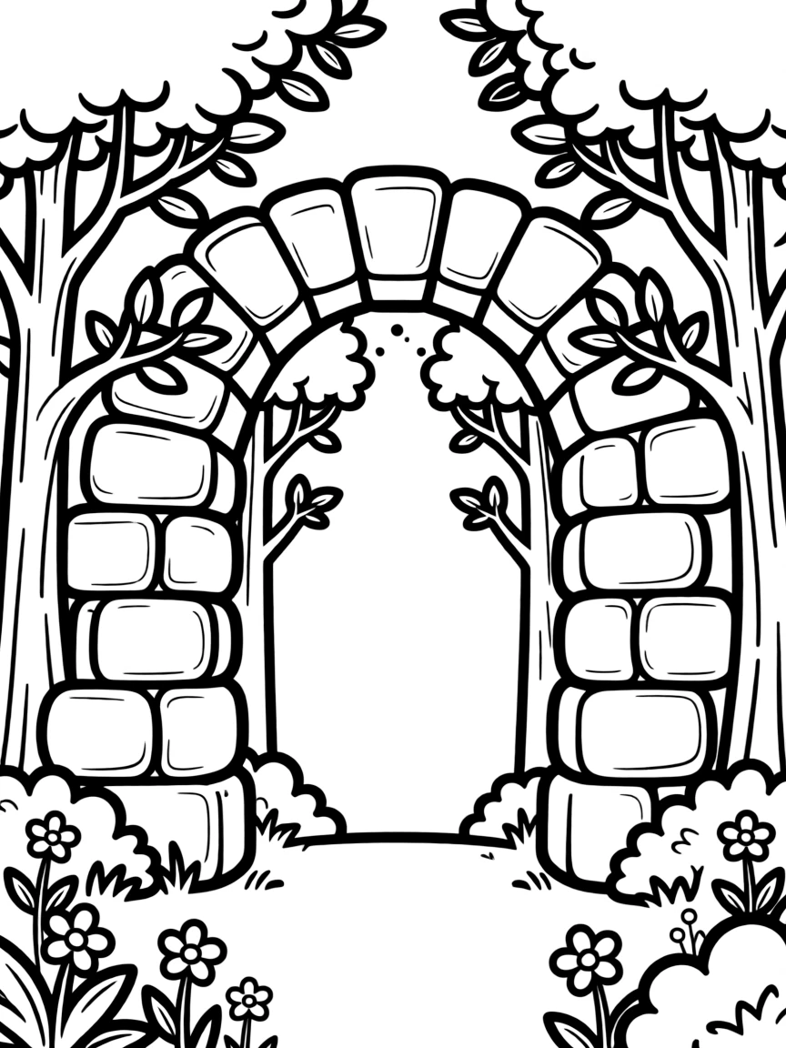 A magical barrier where castle stones and forest trees intertwine to form an archway