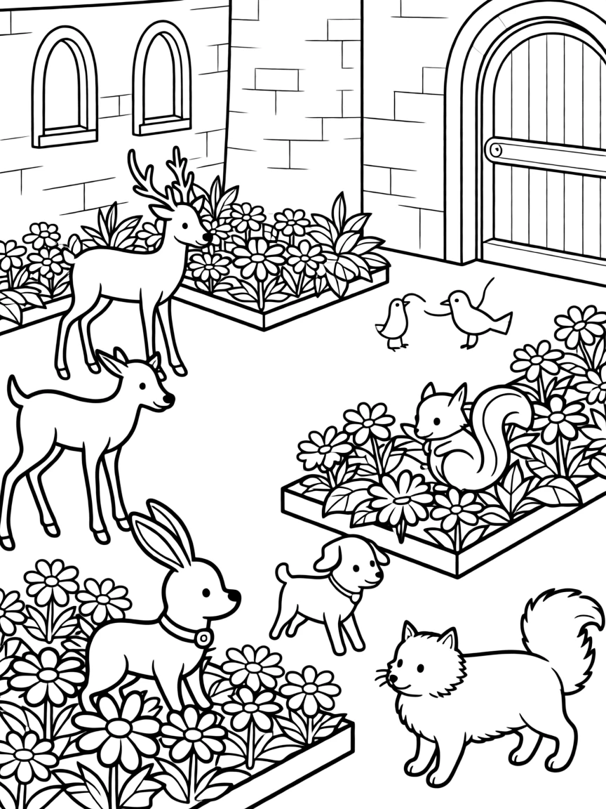 A castle courtyard where forest animals and royal pets play together among flower beds