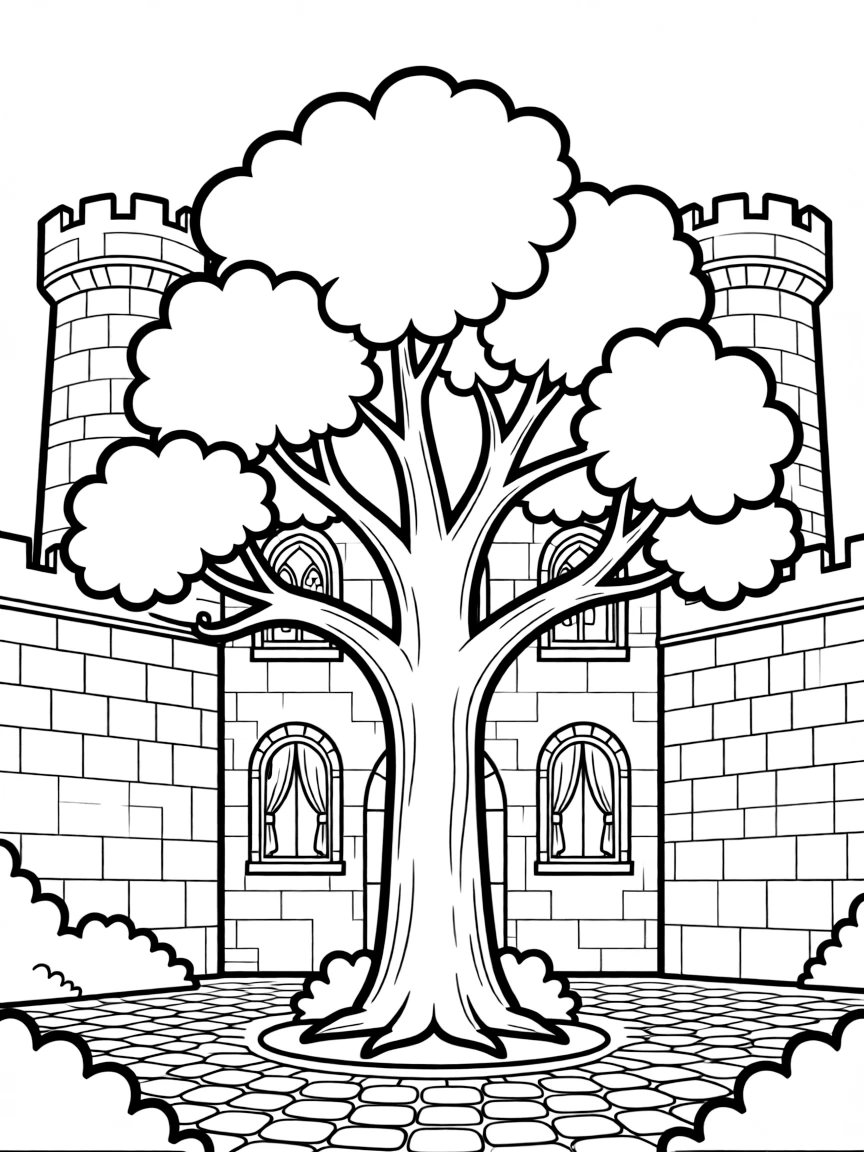 A grand tree growing in the center of a castle, its branches extending through windows and over walls