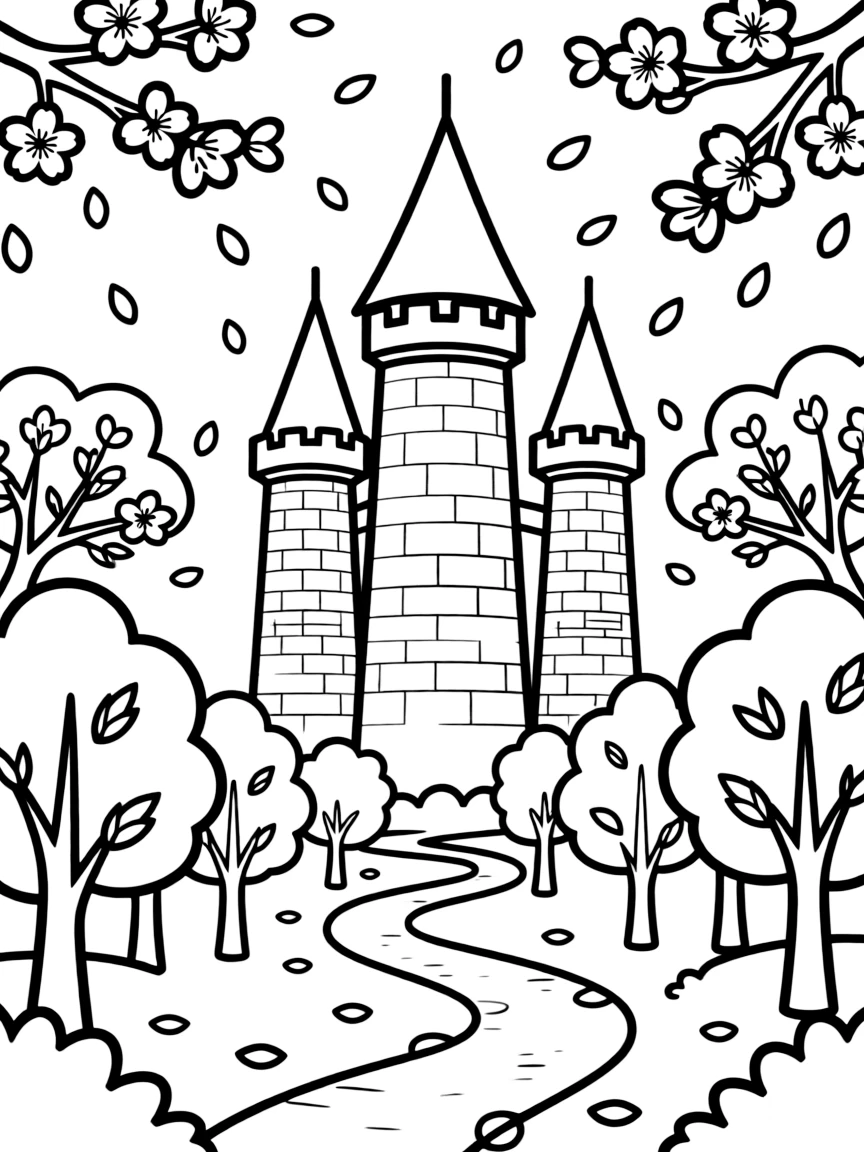 A spring scene with cherry blossoms falling on castle turrets and forest paths