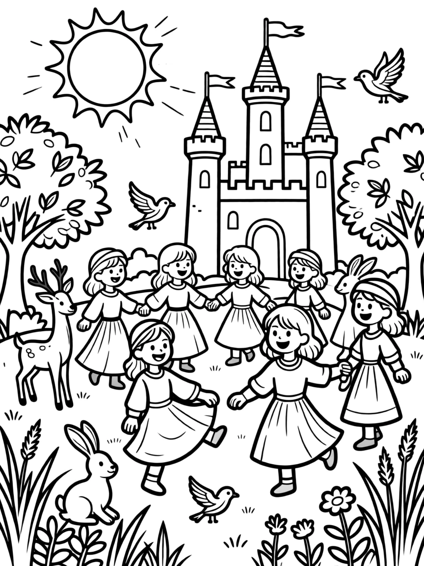 A summer solstice celebration with castle residents and forest creatures dancing together