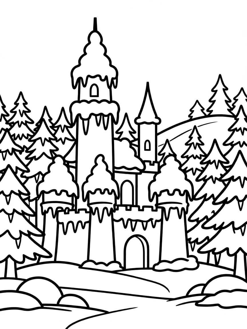 A winter wonderland with the castle and forest blanketed in snow and decorated with ice crystals