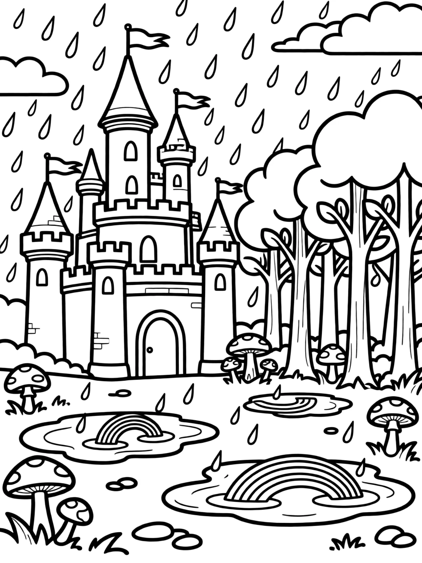 A castle and forest during a magical rainstorm with rainbow puddles and mushrooms sprouting instantly