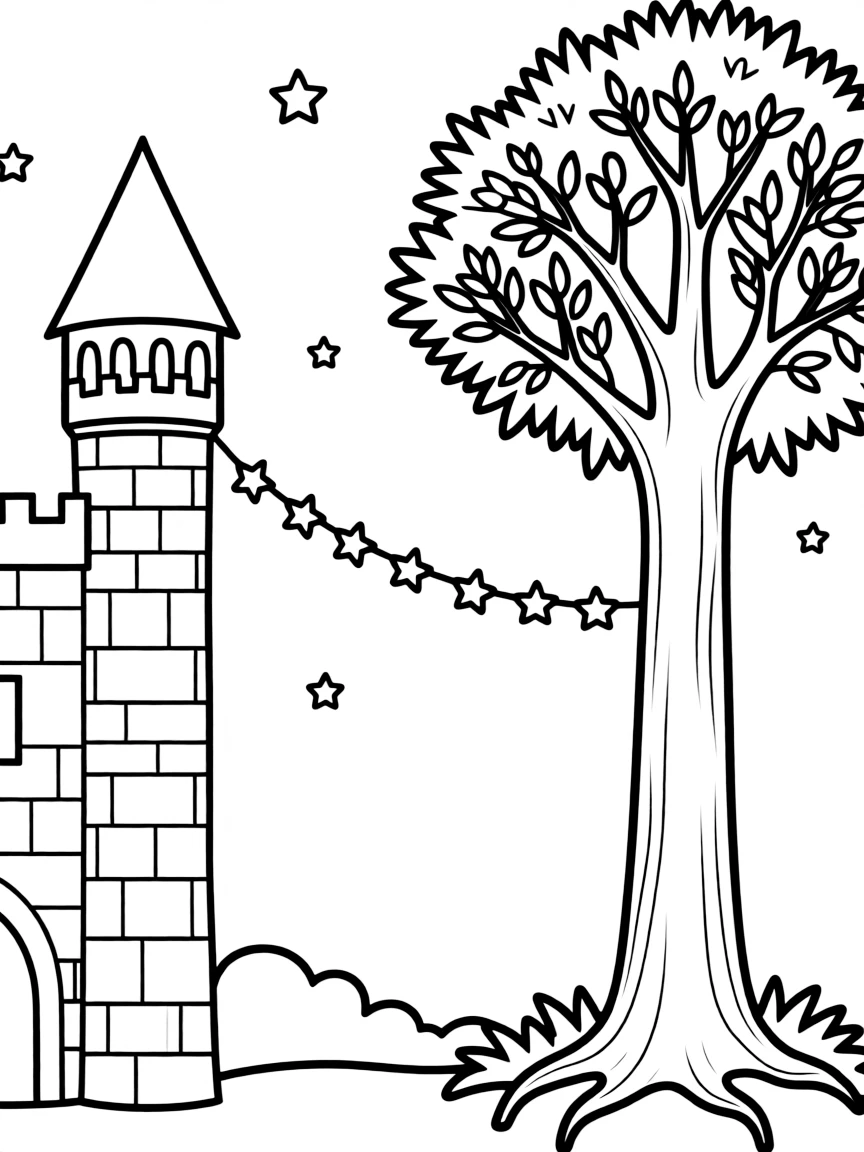 A midnight scene with stars forming a bridge between the highest castle tower and tallest forest tree