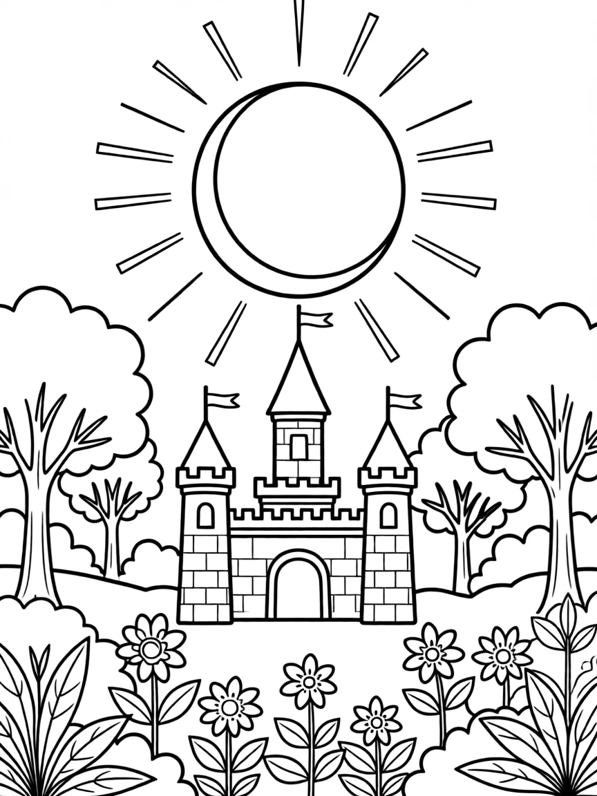 A magical eclipse causing both castle stones and forest plants to glow with inner light