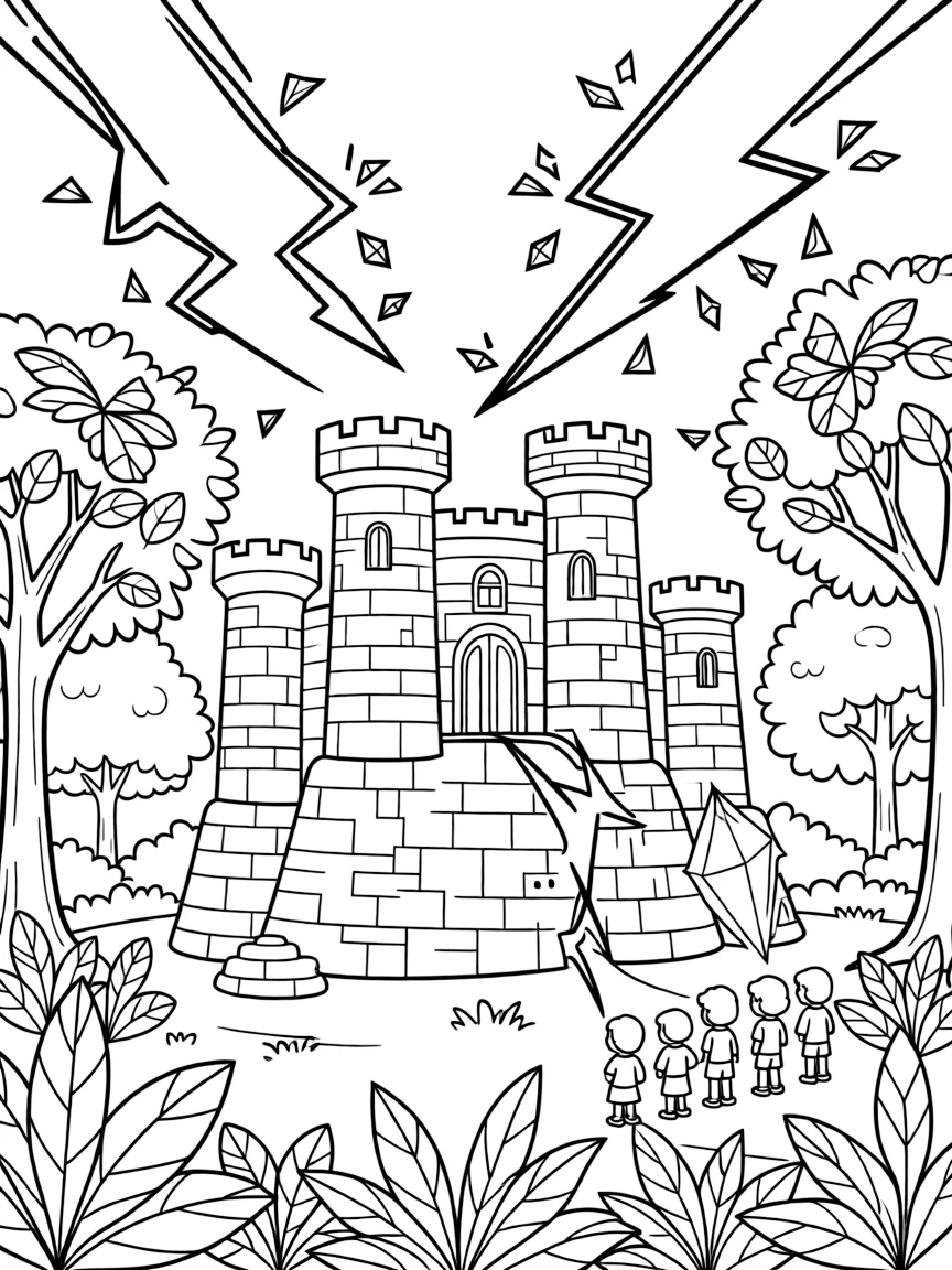 A lightning storm with magical bolts that transform castle stones and forest leaves into crystal