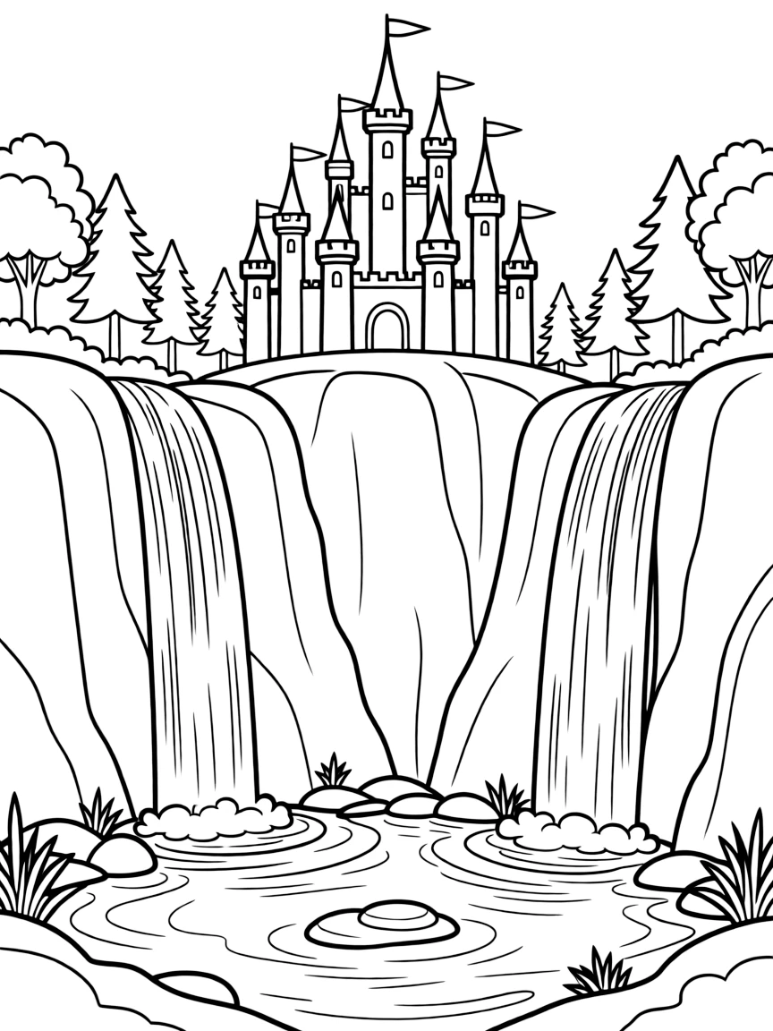 Rainbow waterfalls cascading down castle walls and forest cliffs, creating pools of colored water