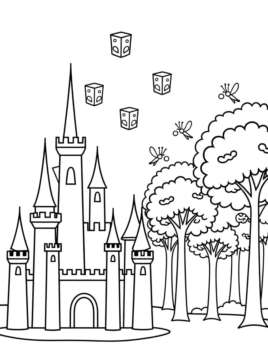 Floating lanterns released from the castle that transform into fireflies when reaching the forest