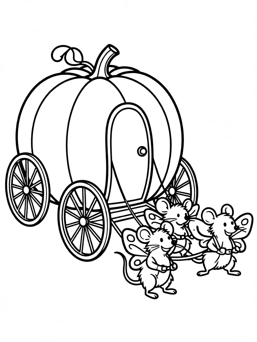 A carriage made from a giant pumpkin pulled by mice with butterfly wings