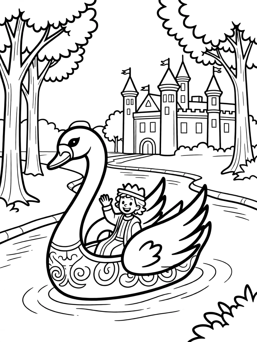 A royal barge shaped like a swan floating on a forest river approaching the castle