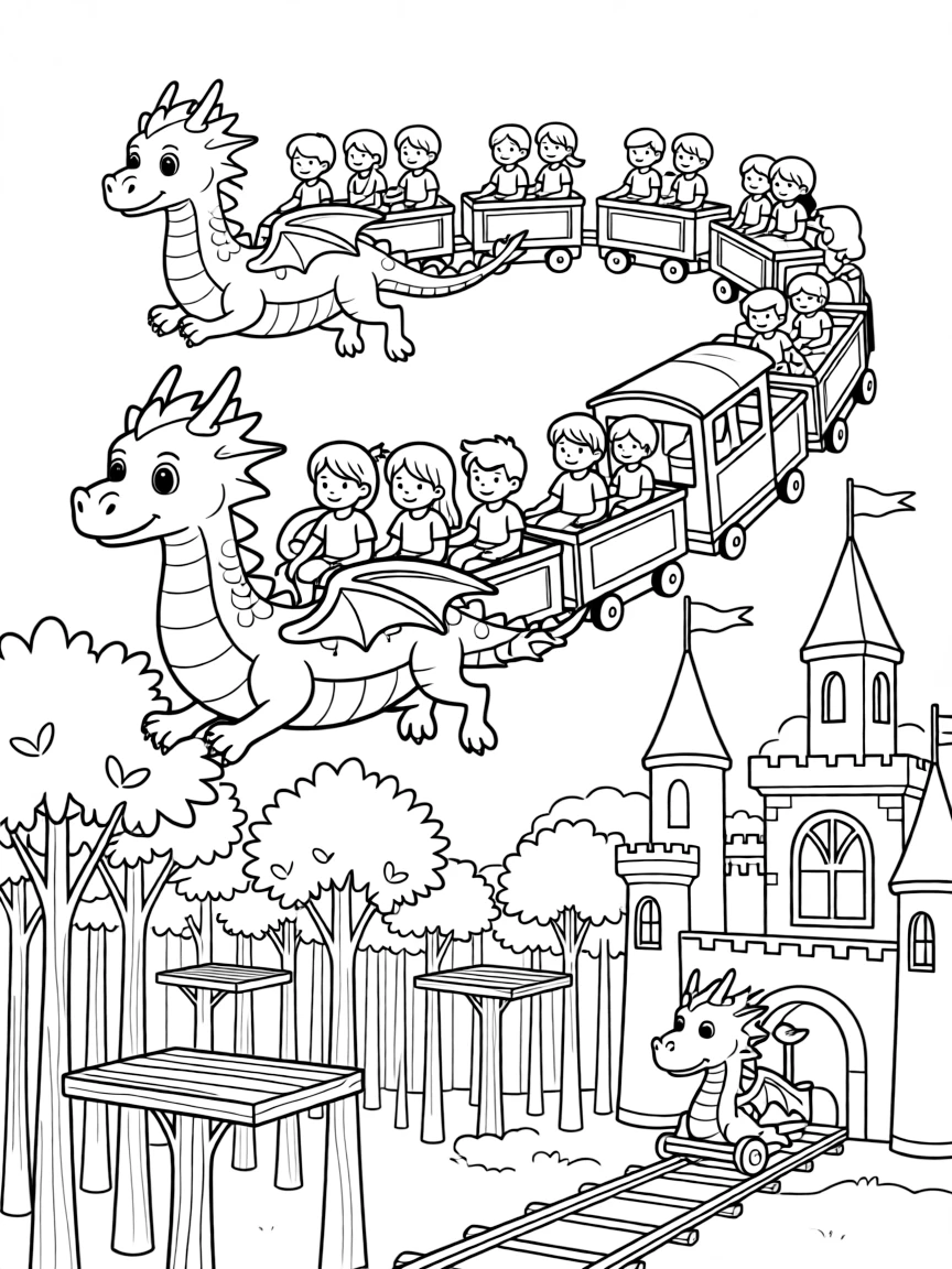 A train of friendly dragons carrying passengers between forest stations and castle platforms