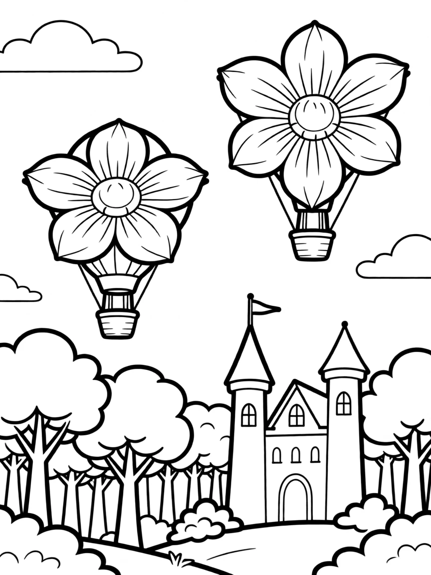 Hot air balloons made from giant flowers floating above the castle and forest