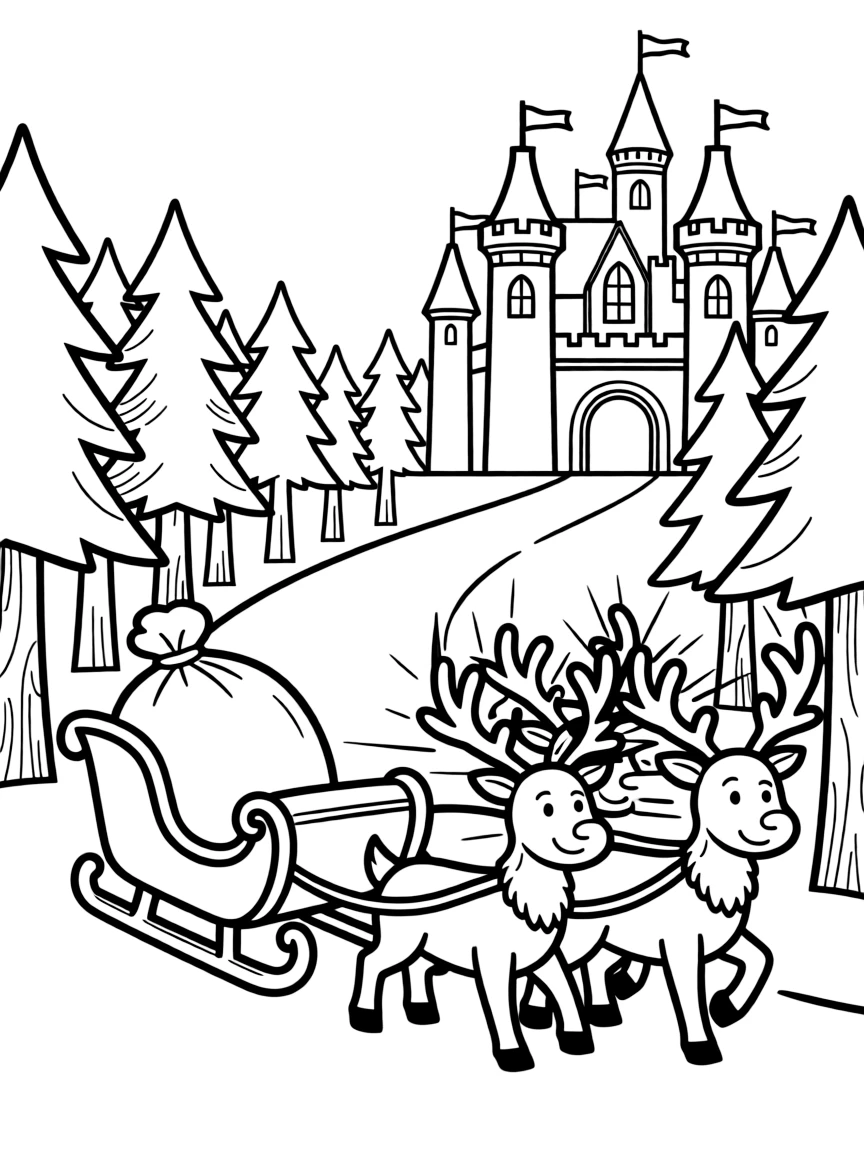 A sleigh pulled by reindeer with glowing antlers traveling from the forest to the castle