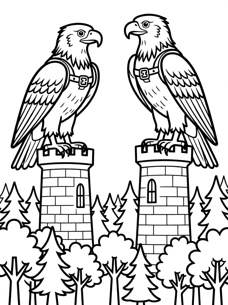 Giant eagles with saddles perched on castle towers ready to fly through the forest