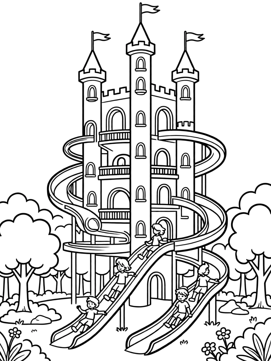 A system of slides and chutes connecting different levels of the castle to forest floors