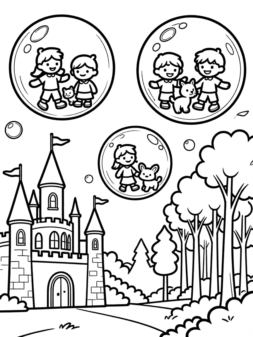 Bubble transportation where travelers float in giant bubbles between castle and forest