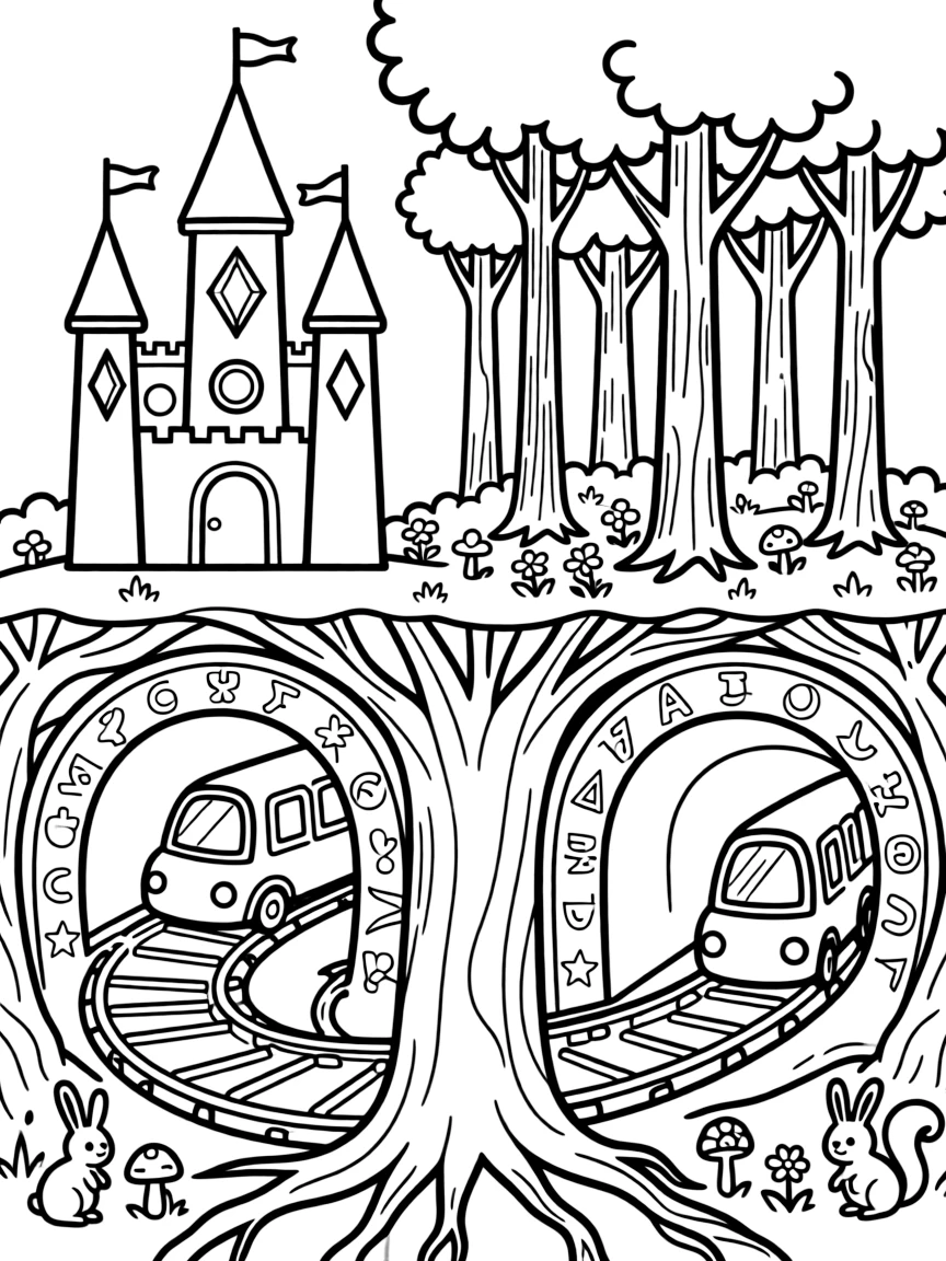 A magical subway system with roots and tunnels connecting underground areas of castle and forest
