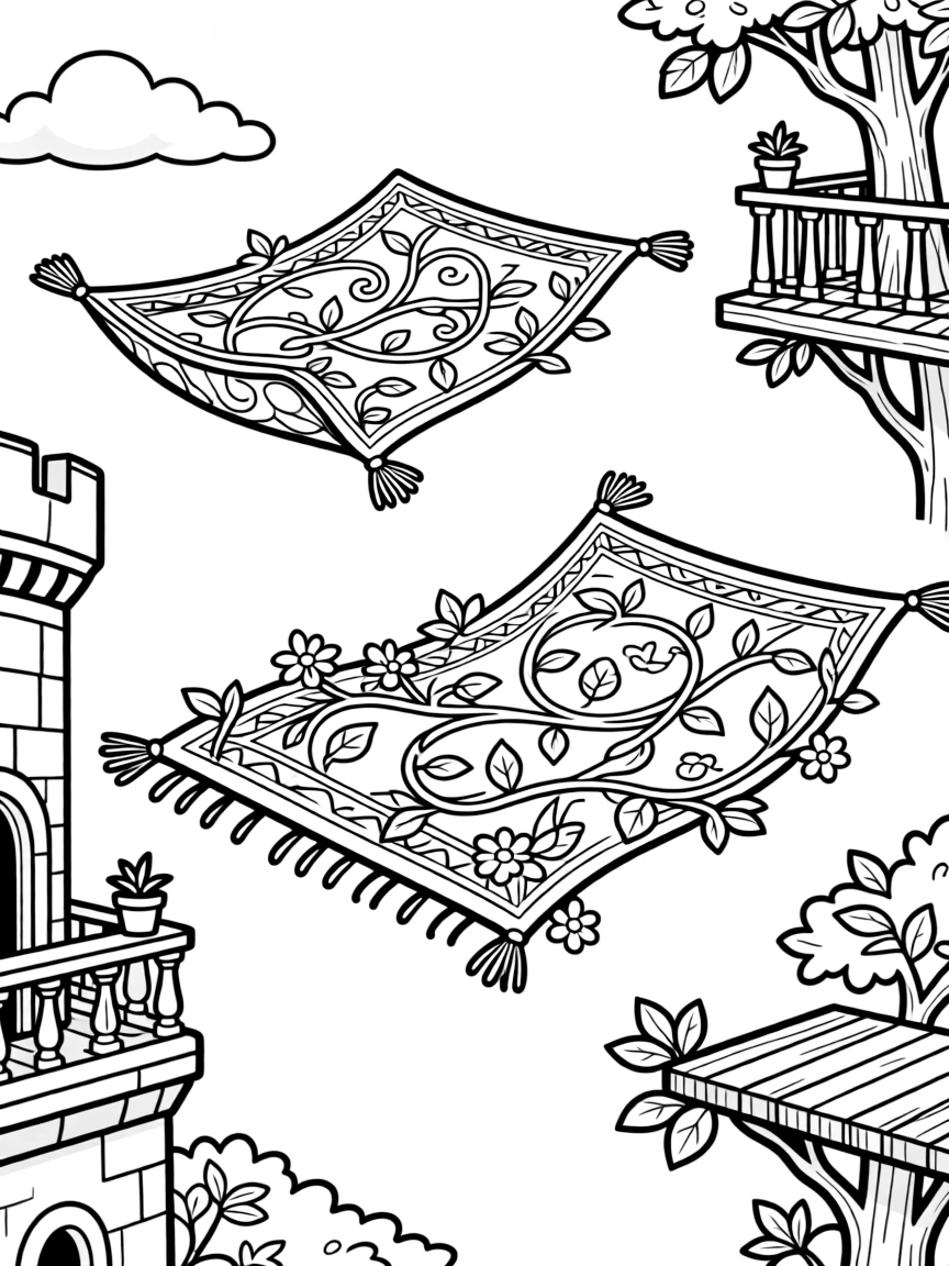 Flying carpets woven from living vines shuttling between castle balconies and treetop platforms