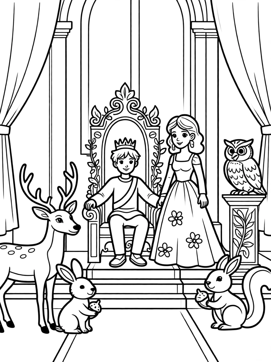 A grand coronation ceremony with forest creatures as honored guests in the castle throne room