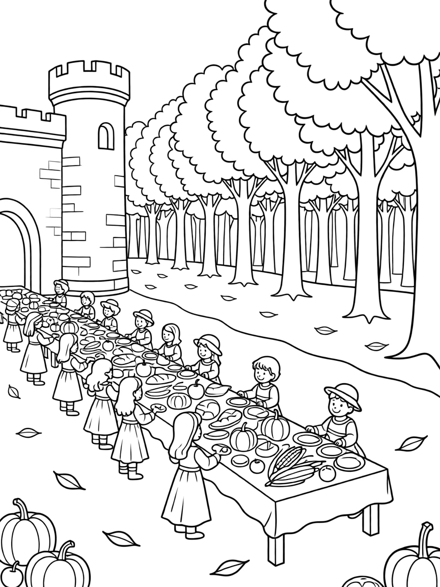 A harvest festival with tables laden with food stretching from castle courtyard into forest clearing