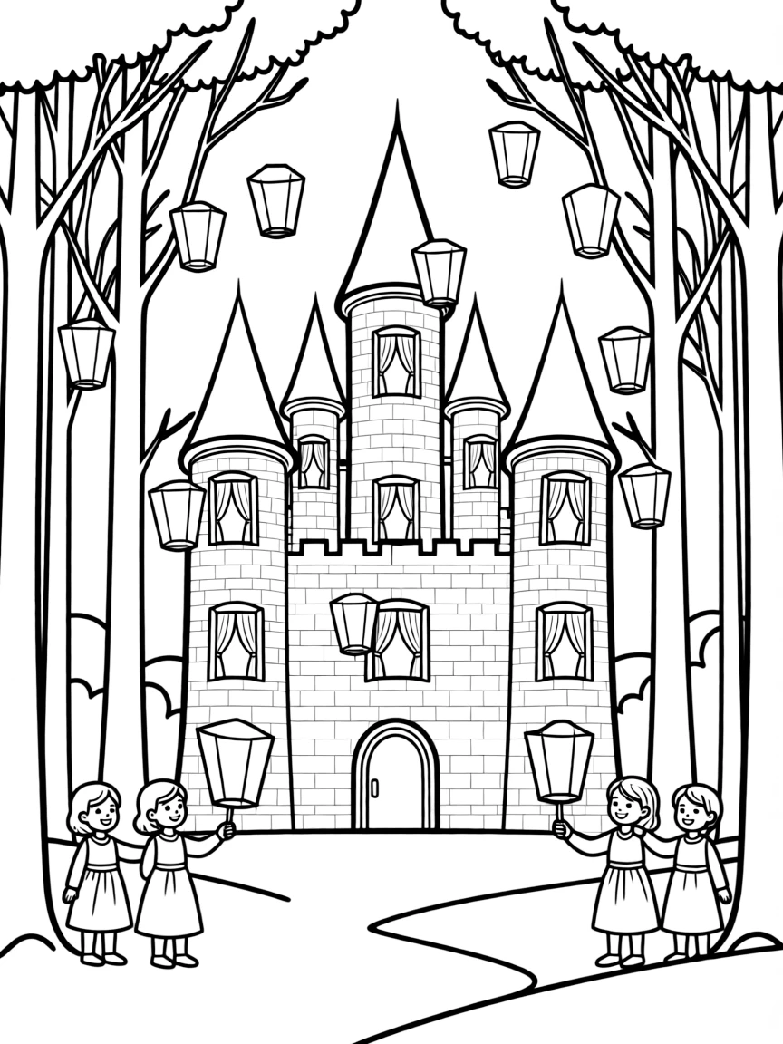 A lantern ceremony where paper lanterns are released from castle windows and forest branches
