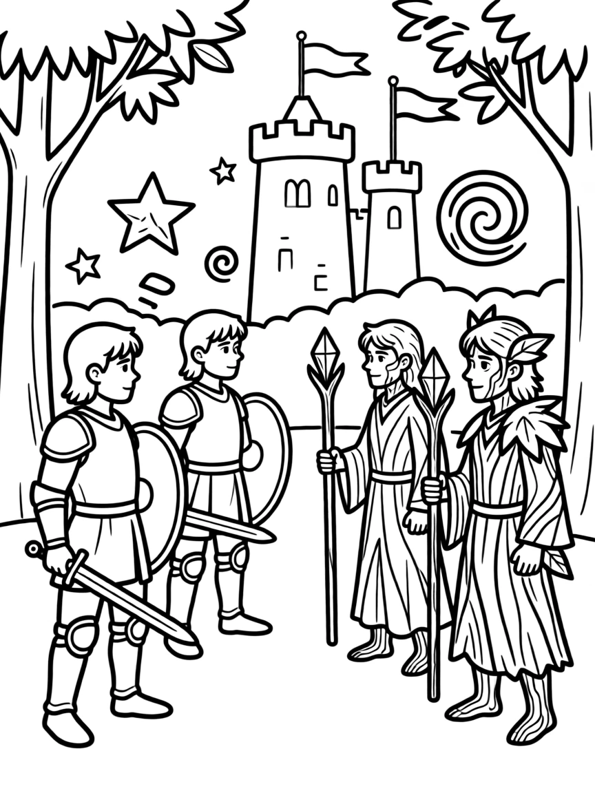 A magical tournament with competitions between castle knights and forest guardians