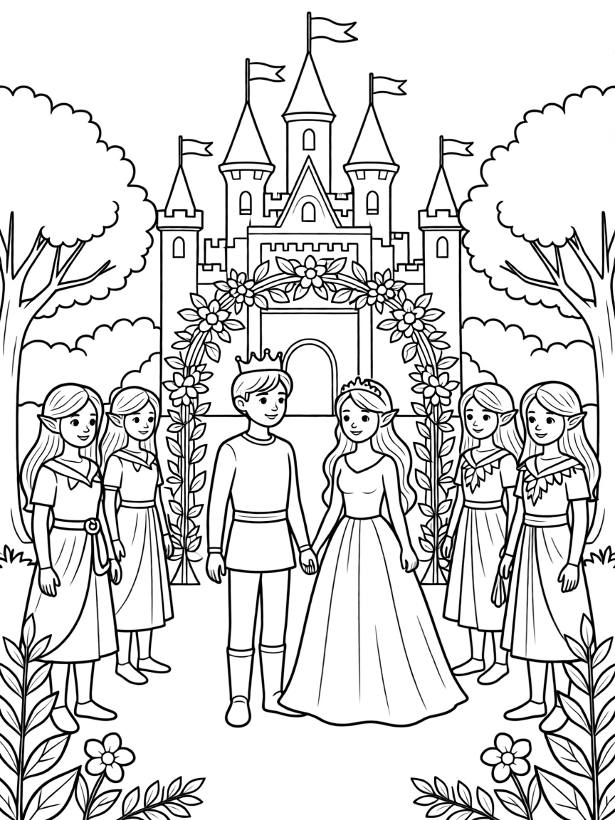 A wedding ceremony uniting royal castle residents with noble forest beings