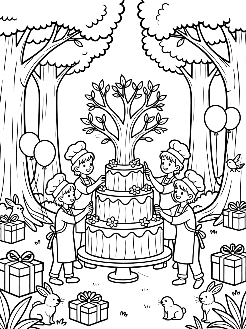 A birthday celebration for the ancient forest with castle bakers creating a tree-shaped cake