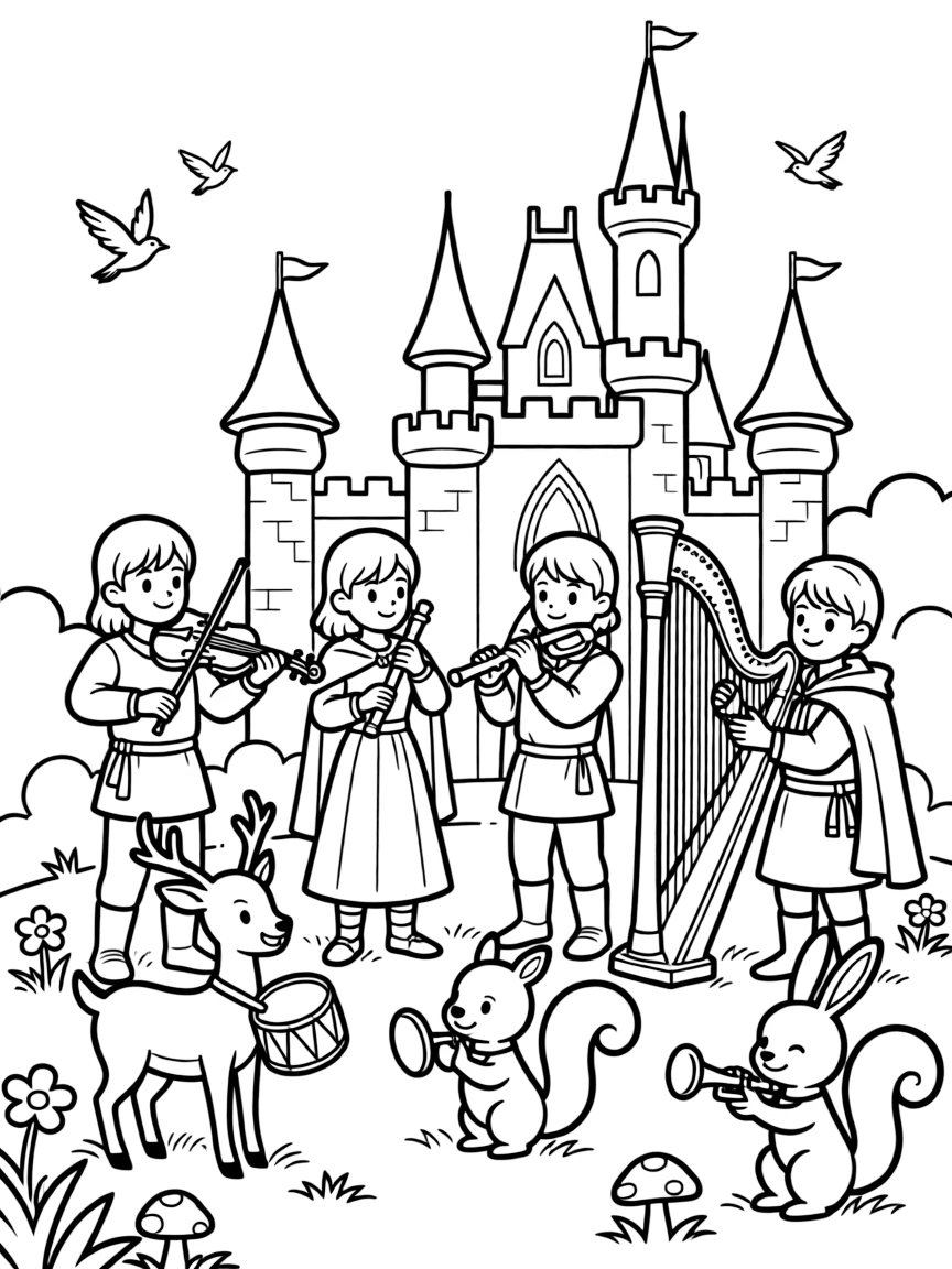 A musical concert with castle musicians and forest creatures performing in harmony