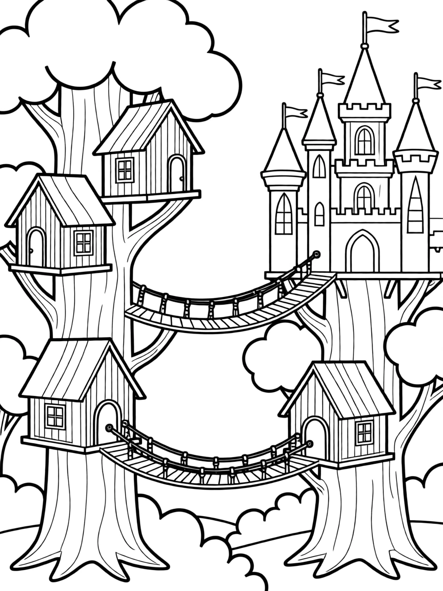 A treehouse village with drawbridges and platforms connected to middle levels of the castle