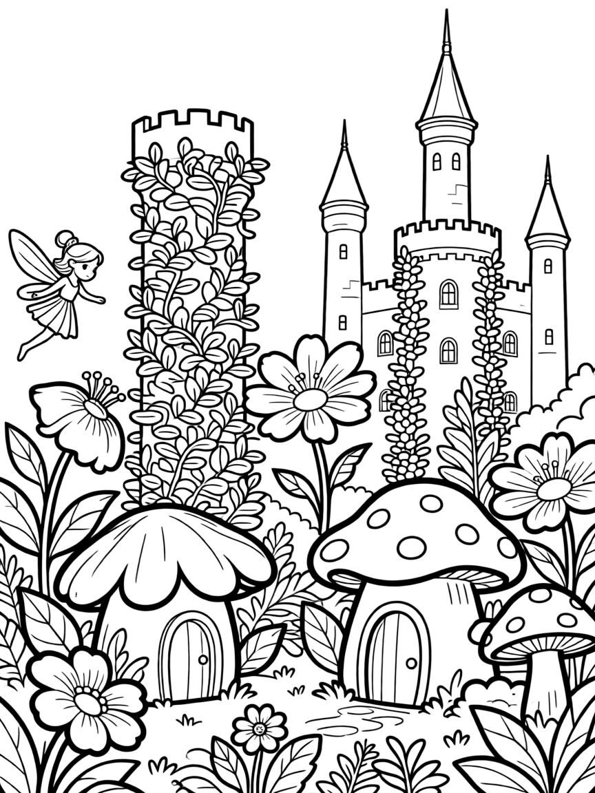 Fairy homes made from flowers and mushrooms growing in the castle's vertical gardens