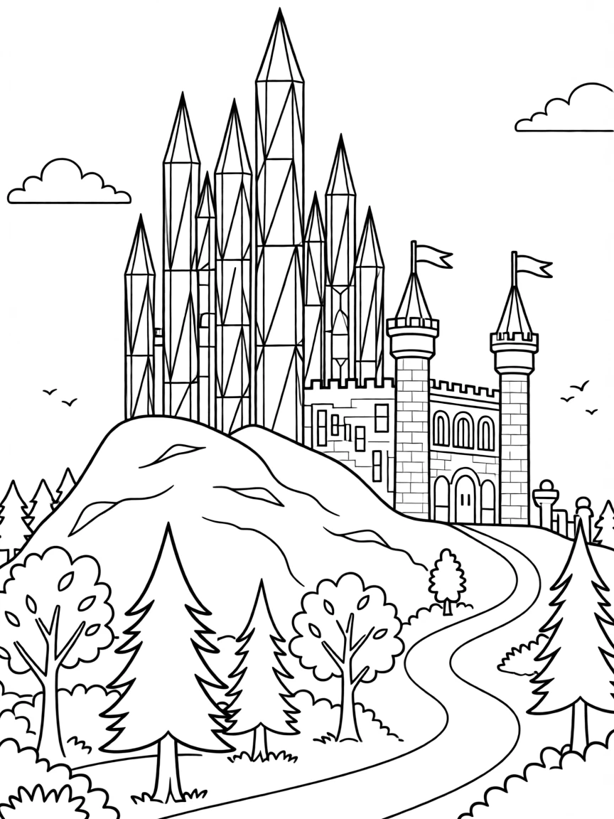 A crystal palace built into the side of a mountain where castle and forest meet