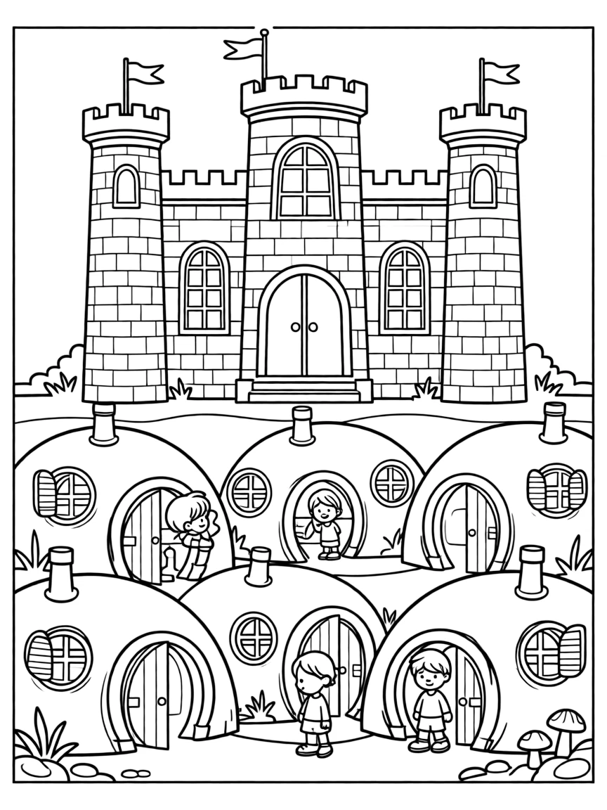 Underground burrows with round doors and windows built beneath castle foundations