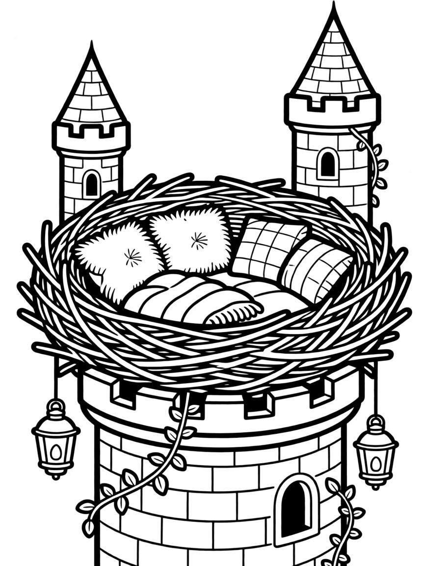 Giant bird nests with comfortable furnishings built in castle turrets