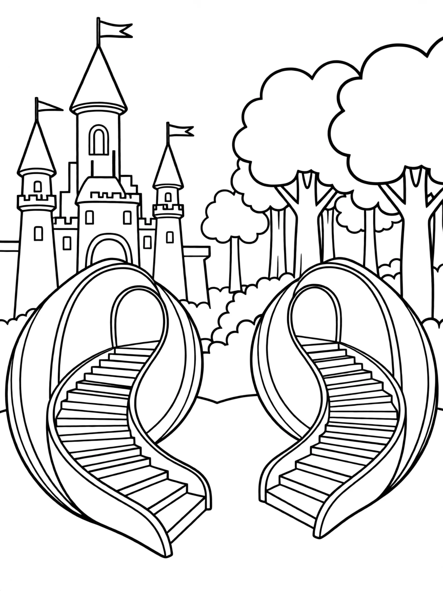 Shell-shaped structures with spiral staircases serving as guardhouses between castle and forest