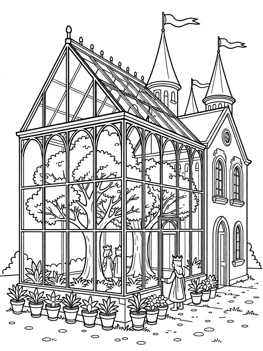 A greenhouse castle with glass walls allowing trees to grow inside alongside royal apartments