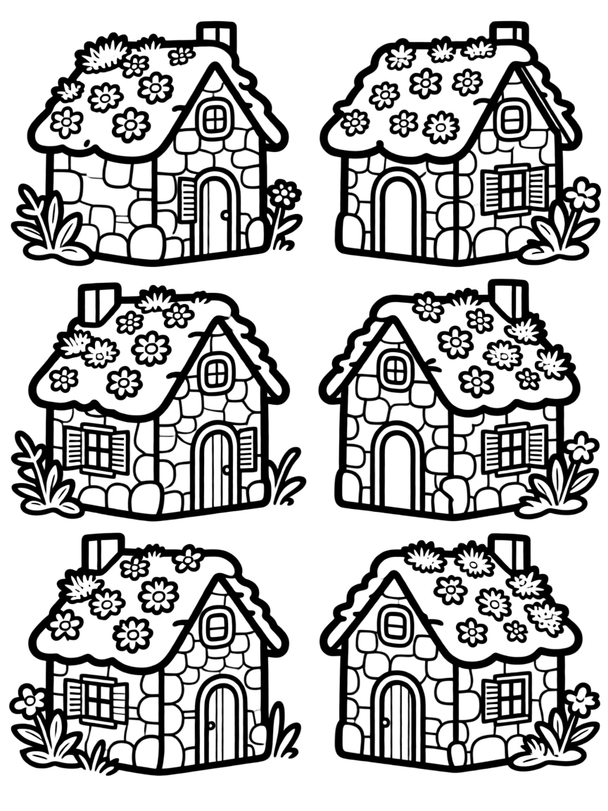 Stone cottages with living roofs where moss and flowers grow in organized patterns
