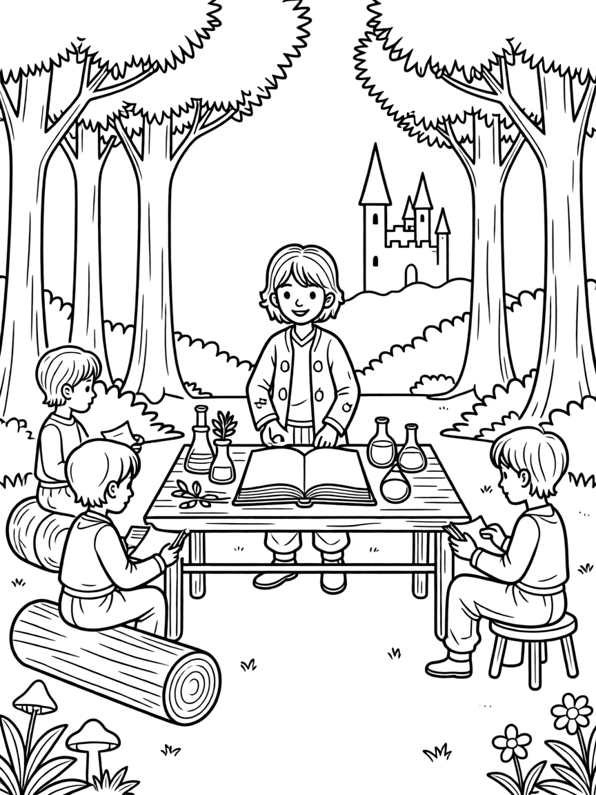 A potions class being taught in a forest clearing with castle apprentices taking notes
