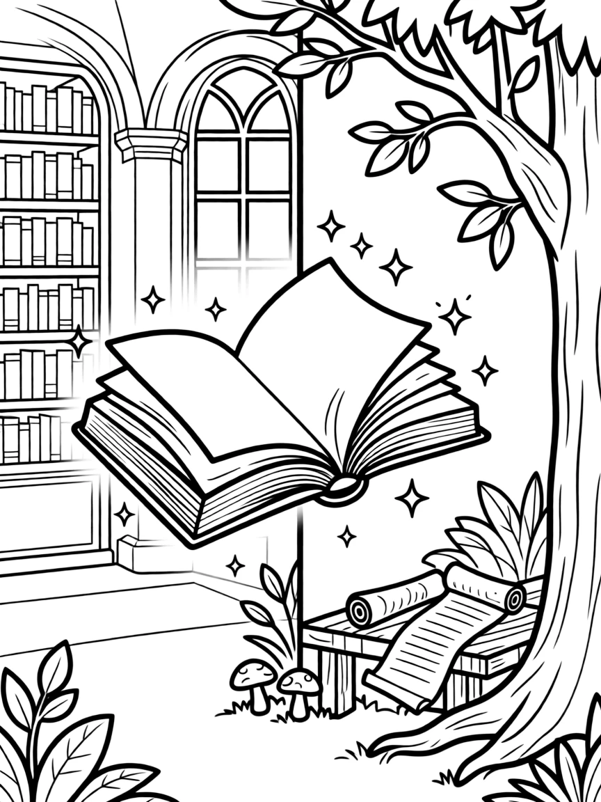 A magical book floating between castle library and forest archive, recording daily events