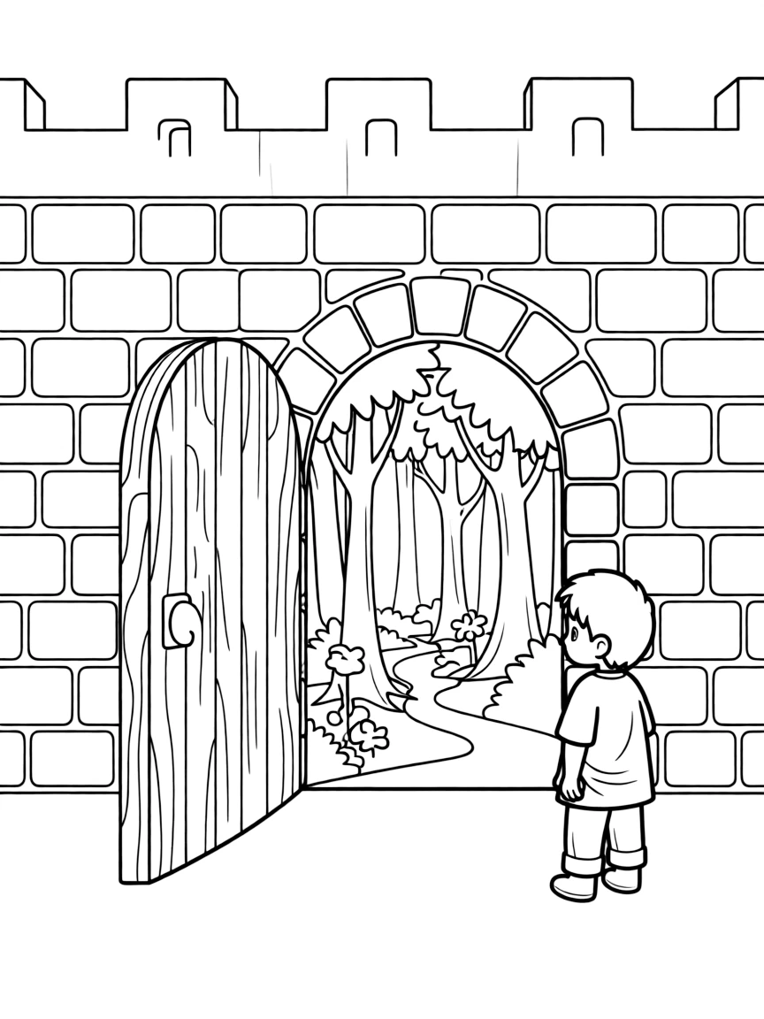 A hidden door in the castle wall revealing a secret passage to the heart of the enchanted forest