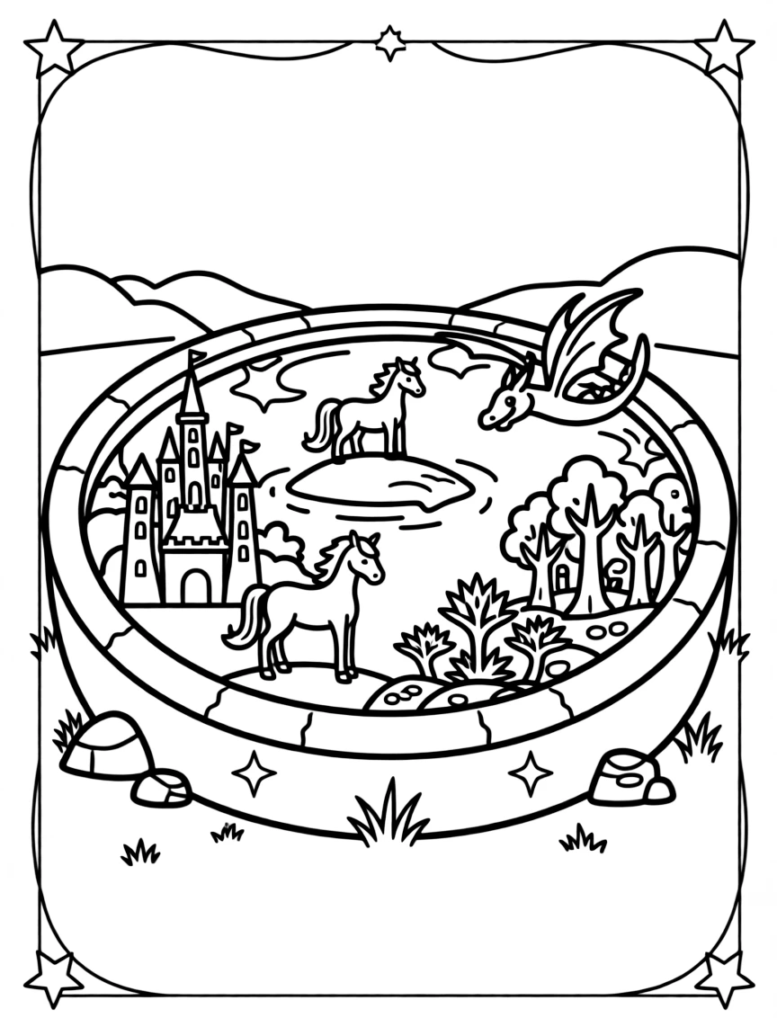 A magical pool reflecting not the sky above but scenes from different realms